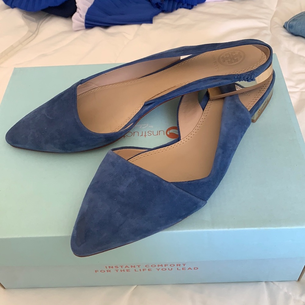 Tory Burch royal blue and gold flats